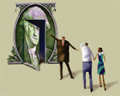 Man standing in front of door beckoning for a man and woman to come inside.  Door is cut from George Washington's portrait on the one dollar bill.