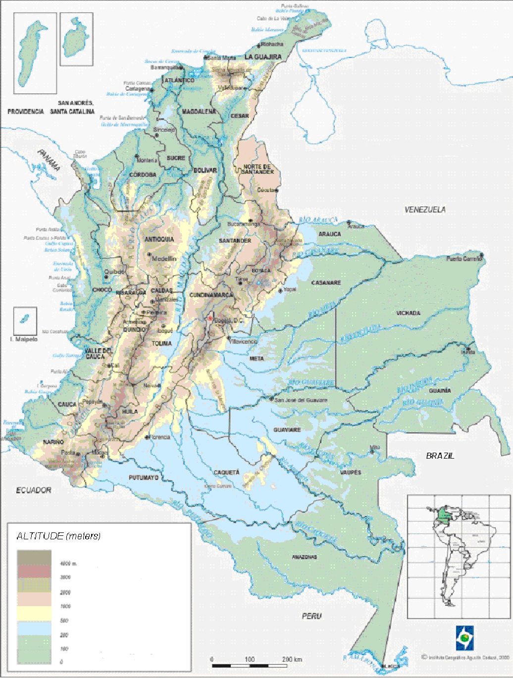 Figure 4 is a map of Colombia that divides its territory into 32 departments. (Appendix Table 3 contains a full list of Colombia’s departments.) The map illustrates that the Andes range crosses the country roughly along its north-south axis, dividing the country into four areas: two low-altitude areas on the seacoasts of the Pacific Ocean and the Caribbean Sea; one high-altitude region on the Andes Mountains from the southwestern limit with Ecuador to the northeastern limit with Venezuela; and one low-altitude region of tropical rain forests close to the basins of the Amazon and Orinoco rivers. The most populous cities in Colombia are located in the Andean region and the Caribbean seacoast. For the statistical analysis in the paper, we exclude the archipelago of San Andres-Providencia on the Caribbean Sea, and we consider the capital district of Bogota as a separate department.
