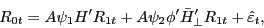\begin{displaymath} R_{0t} =A\psi _1 {H}'R_{1t} +A\psi _2 {\phi }'{\bar {H}}'_\bot R_{1t} +\hat {\varepsilon }_t , \end{displaymath}