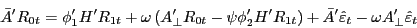 \begin{displaymath} {\bar {A}}'R_{0t} ={\phi }'_1 {H}'R_{1t} +\omega \left( {{A}'_\bot R_{0t} -\psi {\phi }'_2 {H}'R_{1t} } \right)+{\bar {A}}'\hat {\varepsilon }_t -\omega {A}'_\bot \hat {\varepsilon }_t \end{displaymath}