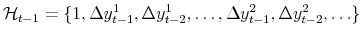  \mathcal{H}_{t-1} = \{ 1, \Delta y_{t-1}^{1}, \Delta y_{t-2}^{1}, \dots, \Delta y_{t-1}^{2}, \Delta y_{t-2}^{2}, \ldots\}