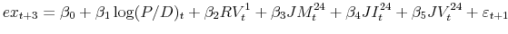 \displaystyle ex_{t+3}=\beta _{0}+\beta _{1}\log(P/D)_{t}+\beta _{2}RV_{t}^{1}+\beta _{3}JM_{t}^{24}+\beta _{4}JI_{t}^{24}+\beta _{5}JV_{t}^{24}+\varepsilon _{t+1}