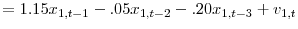 \displaystyle = 1.15 x_{1,t-1} - .05 x_{1,t-2} - .20 x_{1,t-3} + v_{1,t}% 