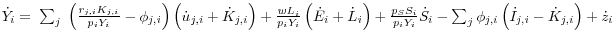 \dot {Y}_i ={\kern 1pt}\sum\nolimits_j {{\kern 1pt}\left( {\frac{r_{j,i} K_{j,i} }{p_i Y_i }-\phi _{j,i} } \right)\left( {\dot {u}_{j,i} +\dot {K}_{j,i} } \right)} +\frac{wL_i }{p_i Y_i }\left( {\dot {E}_i +\dot {L}_i } \right) +\frac{p_S S_i }{p_i Y_i }\dot {S}_i -\sum\nolimits_j {\phi _{j,i} \left( {\dot {I}_{j,i} -\dot {K}_{j,i} } \right)} +\dot {z}_i {\kern 1pt}