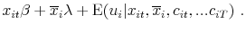 \displaystyle x_{it}{\beta} + \overline{x}_{i}{\lambda} + \textrm{E}(u_i\vert x_{it},\overline{x}_{i},c_{it},...c_{iT})\textrm{ .}