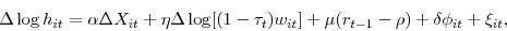 \begin{displaymath} \nonumber \Delta \log h_{it} = \alpha \Delta X_{it} + \eta \Delta \log [(1-\tau_{t})w_{it}] + \mu (r_{t-1} - \rho) + \delta \phi_{it} + \xi_{it}, \end{displaymath}
