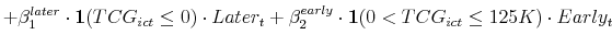 \displaystyle + \beta^{later}_1 \cdot \mathbf{1}(TCG_{ict}\leq0) \cdot Later_t + \beta^{early}_2 \cdot \mathbf{1}(0< TCG_{ict}\leq125K) \cdot Early_t