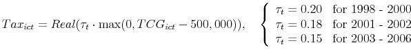 \displaystyle Tax_{ict}=Real(\tau_t \cdot \max(0, TCG_{ict}-500,000)), \quad \left\{ \begin{array}{ll} \tau_t=0.20 & \mbox{for 1998 - 2000} \\ \tau_t=0.18 & \mbox{for 2001 - 2002} \\ \tau_t=0.15 & \mbox{for 2003 - 2006} \end{array} \right.
