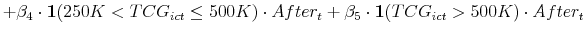 \displaystyle + \beta_4 \cdot \mathbf{1}(250K<TCG_{ict}\leq500K) \cdot After_t + \beta_5 \cdot \mathbf{1}(TCG_{ict}> 500K) \cdot After_t