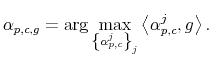 \displaystyle \alpha_{p,c,g}=\arg\max_{\left\{ \alpha_{p,c}^{j}\right\} _{j}}\left\langle \alpha_{p,c}^{j},g\right\rangle .% 