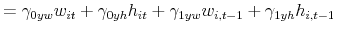 \displaystyle =\gamma_{0yw}w_{it}+\gamma_{0yh}h_{it}+\gamma_{1yw}w_{i,t-1}% +\gamma_{1yh}h_{i,t-1}