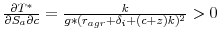  \frac{\partial T^{\ast}}{\partial S_{a}\partial c}=\frac{k}{g\ast (r_{agr}+\delta_{i}+(c+z)k)^{2}}>0