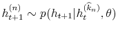 \displaystyle h_{t+1}^{(n)}\sim p(h_{t+1}\vert h_{t}^{(\widehat{k}_{n})},\theta)