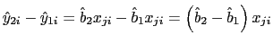 LaTex Encoded Math: \displaystyle \hat{y}_{2i}-\hat{y}_{1i}=\hat{b}_{2}x_{ji}-\hat{b}_{1}x_{ji}=\left( \hat{b}% _{2}-\hat{b}_{1}\right) x_{ji} 