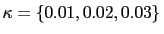 \kappa = \{0.01, 0.02, 0.03 \}