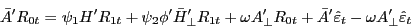 \begin{displaymath} {\bar {A}}'R_{0t} =\psi _1 {H}'R_{1t} +\psi _2 {\phi }'{\bar {H}}'_\bot R_{1t} +\omega {A}'_\bot R_{0t} +{\bar {A}}'\hat {\varepsilon }_t -\omega {A}'_\bot \hat {\varepsilon }_t \end{displaymath}