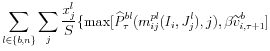\displaystyle \underset{l\in \{b,n\}}{\sum }\sum_{j}\frac{% x_{j}^{l}}{S}\{\max [\widehat{P}_{\tau }^{bl}(m_{ij}^{pl}(I_{i},J_{j}^{l}),j),\beta \widetilde{v}_{i,\tau +1}^{b}] \notag