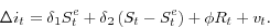 \begin{displaymath} \Delta i_t =\delta _1 S_t^e +\delta _2 \left( {S_t -S_t^e } \right)+\phi R_t +v_t . \end{displaymath}