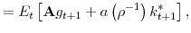 \displaystyle =E_{t}\left[ \mathbf{A}g_{t+1}+a\left( \rho^{-1}\right) k_{t+1}^{\ast}\right] ,