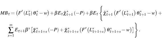 \begin{multline*} MB_{\tau}=\left( F^{\prime}\left( L_{\tau}^{\ast}\right) \thet... ...ast}\right) \theta_{\tau+1+s}^{\ast}-w\right) \right] \right\} . \end{multline*}