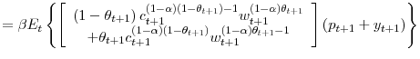 \displaystyle =\beta E_{t}\left\{ \left[ \begin{array}[c]{c}% \left( 1-\theta_{t+1}\right) c_{t+1}^{\left( 1-\alpha\right) \left( 1-\theta_{t+1}\right) -1}w_{t+1}^{\left( 1-\alpha\right) \theta_{t+1}}\\ +\theta_{t+1}c_{t+1}^{\left( 1-\alpha\right) \left( 1-\theta_{t+1}\right) }w_{t+1}^{\left( 1-\alpha\right) \theta_{t+1}-1}% \end{array} \right] \left( p_{t+1}+y_{t+1}\right) \right\}