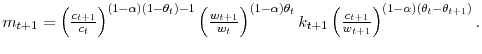  m_{t+1}=\left( \frac{c_{t+1}}{c_{t}}\right) ^{\left( 1-\alpha \right) \left( 1-\theta_{t}\right) -1}\left( \frac{w_{t+1}}{w_{t}}\right) ^{\left( 1-\alpha\right) \theta_{t}}k_{t+1}\left( \frac{c_{t+1}}{w_{t+1}% }\right) ^{\left( 1-\alpha\right) \left( \theta_{t}-\theta_{t+1}\right) }.