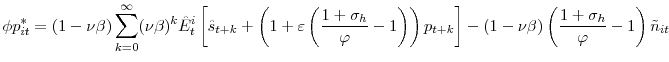 \displaystyle \phi p_{it}^{\ast}=\left( 1-\nu\beta\right) {\displaystyle\sum\limits_{k=0}^{\infty}} (\nu\beta)^{k}\hat{E}_{t}^{i}\left[ \hat{s}_{t+k}+\left( 1+\varepsilon \left( \frac{1+\sigma_{h}}{\varphi}-1\right) \right) p_{t+k}\right] -(1-\nu\beta)\left( \frac{1+\sigma_{h}}{\varphi}-1\right) \tilde{n}% _{it}% 