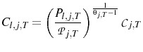 \displaystyle C_{l,j,T}=\left(\frac{P_{l,j,T}}{\mathcal{P}_{j,T}}\right)^{\frac{1}{\theta_{j,T}-1}}\mathcal{C}_{j,T}