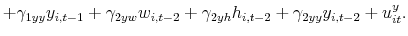 \displaystyle +\gamma_{1yy}y_{i,t-1}+\gamma_{2yw}w_{i,t-2}+\gamma_{2yh}h_{i,t-2}% +\gamma_{2yy}y_{i,t-2}+u_{it}^{y}.