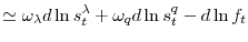 \displaystyle \simeq\omega_{\lambda}d\ln s_{t}^{\lambda}+\omega_{q}d\ln s_{t}^{q}-d\ln f_{t}% 