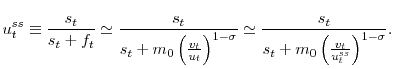 \displaystyle u_{t}^{ss}\equiv\frac{s_{t}}{s_{t}+f_{t}}\simeq\frac{s_{t}}{s_{t}+m_{0}\left( \frac{v_{t}}{u_{t}}\right) ^{1-\sigma}}\simeq\frac{s_{t}}{s_{t}+m_{0}\left( \frac{v_{t}}{u_{t}^{ss}}\right) ^{1-\sigma}}.% 