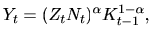 $\ Y_{t}=(Z_{t}N_{t})^{\alpha}K_{t-1}^{1-\alpha},$