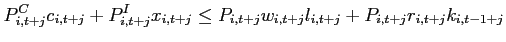 $\displaystyle P_{i,t+j}^{C}c_{i,t+j}+P_{i,t+j}^{I}x_{i,t+j}\leq P_{i,t+j}w_{i,t+j}l_{i,t+j}+P_{i,t+j}r_{i,t+j}k_{i,t-1+j} \notag$