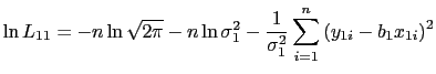 LaTex Encoded Math: \displaystyle \ln L_{11}=-n\ln \sqrt{2\pi }-n\ln \sigma _{1}^{2}-\frac{1}{\sigma _{1}^{2}}% \sum_{i=1}^{n}\left( y_{1i}-b_{1}x_{1i}\right) ^{2}