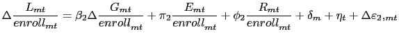 LaTex Encoded Math: \displaystyle \Delta \frac{L_{mt}}{enroll_{mt}}=\beta _{2}\Delta \frac{G_{mt}}{... ...R_{mt}}{enroll_{mt}^{{}}}+\delta _{m}+\eta _{t}+\Delta \varepsilon _{2},_{mt}