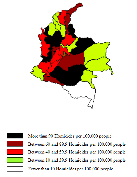 Note:  Panel B of Figure 5 shows the distribution of homicide rates (average, 1996-2002) across Colombia&rsquo;s continental departments. Darker areas represent departments with higher homicide rates.  The map divides Colombia into five types of departments according to their homicide rates:  (1) fewer than 10 homicides per 100,000 people (1 department, in white); (2) between 10 and 39.9 homicides per 100,000 people (10 departments, in pale green); (3) between 40 and 59.9 homicides per 100,000 people (7 departments, in red); (4) between 60 and 89.9 homicides per 100,000 people (6 departments, in brown); and (5) more than 90 homicides per 100,000 people (7 departments, in black).