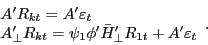 \begin{displaymath} \begin{array}{l} {A}'R_{kt} ={A}'\varepsilon _t \ {A}'_\bot R_{kt} =\psi _1 {\phi }'{\bar {H}}'_\bot R_{1t} +{A}'\varepsilon _t \ \end{array}. \end{displaymath}