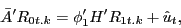 \begin{displaymath} {\bar {A}}'R_{0t.k} ={\phi }'_1 {H}'R_{1t.k} +\hat {u}_t , \end{displaymath}