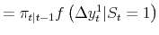 \displaystyle = \pi _{t\vert t-1}f\left( \Delta y_{t}^{1} \vert S_{t} = 1 \right)