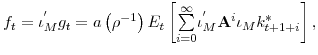 \displaystyle f_{t}=\iota_{M}^{^{\prime}}g_{t}=a\left( \rho^{-1}\right) E_{t}\left[ {\textstyle\sum\limits_{i=0}^{\infty}} \iota_{M}^{^{\prime}}\mathbf{A}^{i}\iota_{M}k_{t+1+i}^{\ast}\right] , 