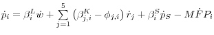 \dot {p}_i =\beta _i^L \dot {w} +\mathop \sum \limits_{j=1}^5 \left( {\beta _{j,i}^K -\phi _{j,i} } \right)\dot {r}_j +\beta _i^S \dot {p}_S -M\dot {F}P_i