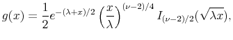 \displaystyle g(x) = \frac{1}{2} e^{-(\lambda+x)/2}\left(\frac{x}{\lambda}\right)^{(\nu-2)/4} I_{(\nu-2)/2}(\sqrt{\lambda x}),