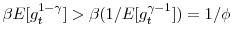  \beta E[g_{t}^{1-\gamma}]>\beta(1/E[g_{t}% ^{\gamma-1}])=1/\phi