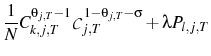 \displaystyle \frac{1}{N}C_{k,j,T}^{\theta_{j,T}-1}\mathcal{C}_{j,T}^{1-\theta_{j,T}-\sigma}+\lambda P_{l,j,T}