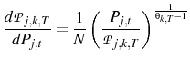 \displaystyle \frac{d\mathcal{P}_{j,k,T}}{d P_{j,t}}=\frac{1}{N}\left(\frac{P_{j,t}}{\mathcal{P}_{j,k,T}}\right)^{\frac{1}{\theta_{k,T}-1}}