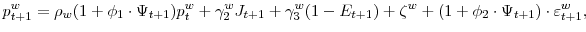 \displaystyle p_{t+1}^{w}=\rho_{w}(1+\phi_{1}\cdot\Psi_{t+1})p_{t}^{w}+\gamma_{2}^{w}% J_{t+1}+\gamma_{3}^{w}(1-E_{t+1})+\zeta^{w}+(1+\phi_{2}\cdot\Psi_{t+1}% )\cdot\varepsilon_{t+1}^{w},