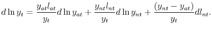 \displaystyle d\ln y_{t} = \frac{y_{at}l_{at}}{y_{t}}d\ln y_{at} + \frac{y_{nt}l_{nt}}{y_{t}} d\ln y_{nt} + \frac{\left( y_{nt}-y_{at} \right) }{y_{t}} dl_{nt}.