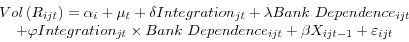 \begin{displaymath} \begin{array}{c} Vol\left( {R_{ijt} } \right)=\alpha _i +\mu _t +\delta Integration_{jt} +\lambda Bank\mbox{ }Dependence_{ijt} \ +\varphi Integration_{jt} \times Bank\mbox{ }Dependence_{ijt} +\beta X_{ijt-1} +\varepsilon _{ijt} \ \end{array}\end{displaymath}