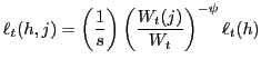 $\displaystyle \ell_{t}(h,j)=\left( \frac{1}{s}\right) \left( \frac{W_{t}(j)}{W_{t} }\right) ^{-\psi}\ell_{t}(h)$