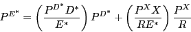 \begin{displaymath} \begin{array}
[c]{l}
(22) \,\,  P^{E^{\ast}}=(\frac{P^{D^{\ast}}D^{\ast}}{E^{\ast}})P^{D^{\ast} }+(\frac{P^{X}X}{RE^{\ast}})\frac{P^{X}}{R}$\end{array}\end{displaymath}